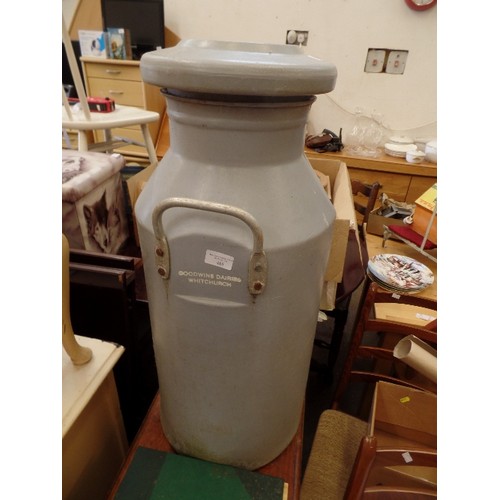 485 - LARGE GREY MILK CHURN. 'GOODWINS DAIRIES-WHITCHURCH' EITHER PLASTIC OR FIBREGLASS?