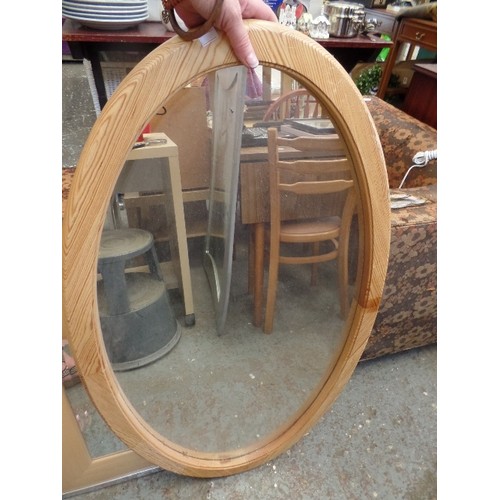 494 - PINE FRAMED OVAL MIRROR, WOOD EFFECT AND METAL FRAMED MIRROR AND WOODEN PAINTED FRAMED MIRROR