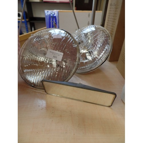 501 - PAIR OF LUCAS SEALED BEAM HEADLIGHTS AND REARVIEW MIRROR