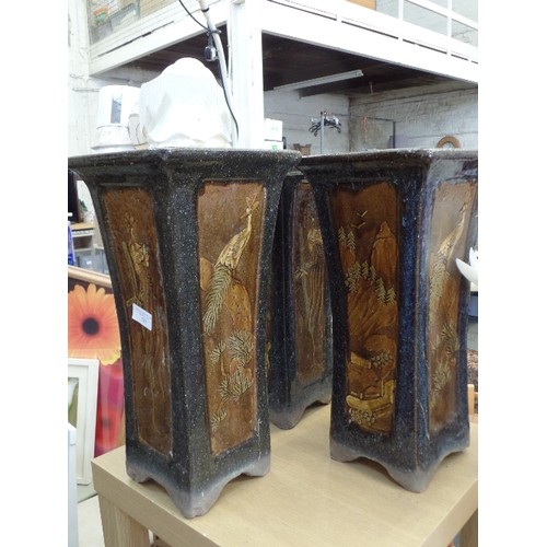 518 - SET OF 3 ORIENTAL GLAZED EARTHENWARE PLANT POTS 44CM HIGH