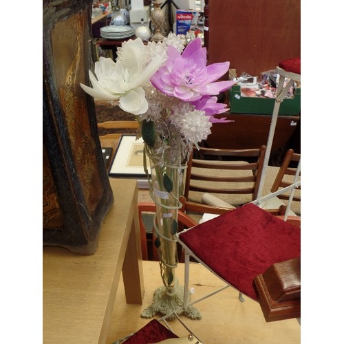 527 - ART DECO STYLE TALL GLASS VASE WITH METAL LEAF DETAILING WITH ARTIFICIAL AND GLASS FLOWERS