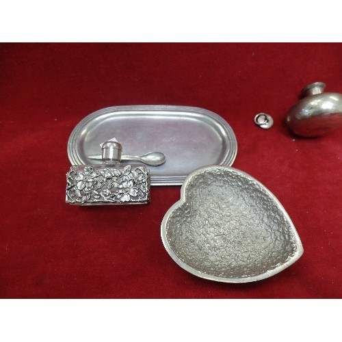 30 - VINTAGE 95% PEWTER DISH, SILVER METAL HEART SHAPED DISH, GLASS SCENT BOTTLE WITH SILVER METAL FLOWER... 