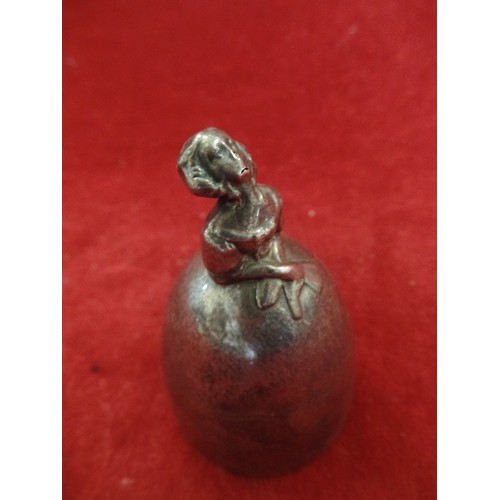 45 - SILVER PLATE BELL IN SHAPE OF LADY IN A CRINOLINE DRESS WITH LEGS AS RINGER