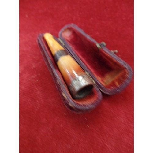 48 - VINTAGE SILVER AND AMBER CHERROT HOLDER WITH CASE