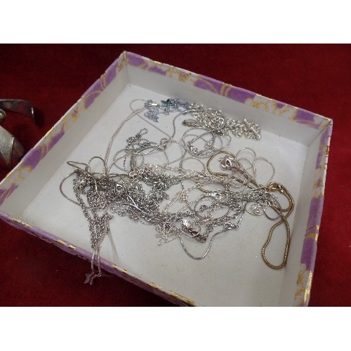 41 - BOX OF SILVER METAL AND SOME 925  JEWELLERY INCLUDING WATCH CHAIN, NECKLACES, ETC