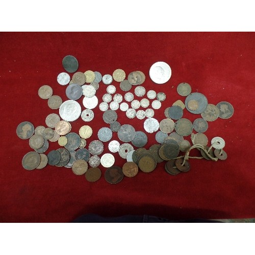 51 - TIN OF COINS - SILVER THREEPENNYS, VICTORIAN PENNYS, CHURCHILL CROWNS, RAF DOG TAG, GREAT WAR FOR CI... 