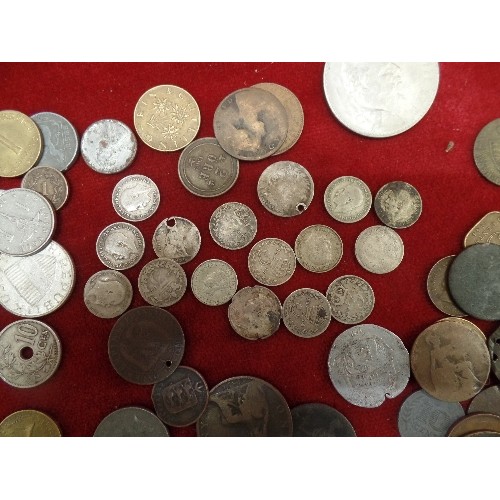 51 - TIN OF COINS - SILVER THREEPENNYS, VICTORIAN PENNYS, CHURCHILL CROWNS, RAF DOG TAG, GREAT WAR FOR CI... 