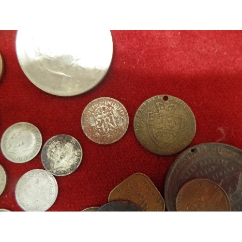 51 - TIN OF COINS - SILVER THREEPENNYS, VICTORIAN PENNYS, CHURCHILL CROWNS, RAF DOG TAG, GREAT WAR FOR CI... 