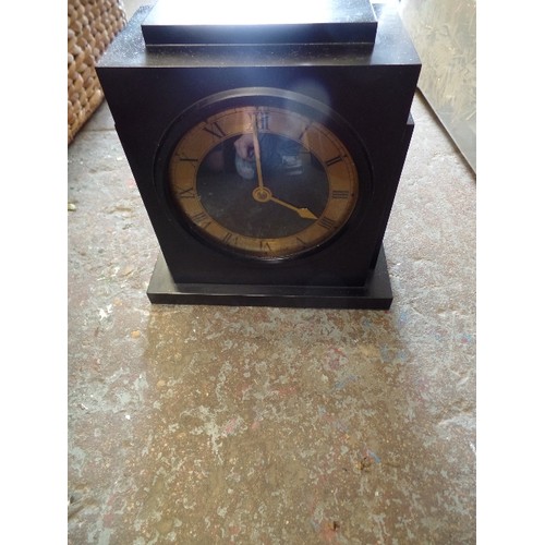 555 - BOX OF CLOCKS - SMITHS ELECTRIC MANTLE CLOCK, TEMCO SLATE EFFECT CLOCK,ETC, BAROMETERS AND BEZELS