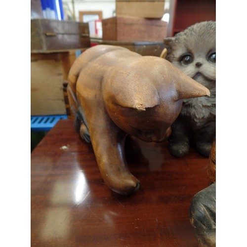 557 - 2 WOODEN CAT FIGURES, CAT AND TIGER FIGURES AND ALL YOU NEED IS LOVE AND A CAT SIGN