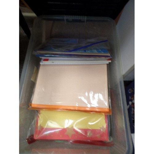 562 - 2 LARGE BOXES OF CRAFTWARE,STATIONARY AND DRAWING ITEMS- SCRAPERFOIL BOOKS, ENVELOPES,  CRAFT PAPER ... 