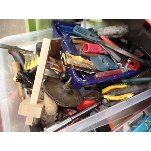 586 - BOX OF TOOLING - SAWS, SCREWDRIVERS, CHIESELS ETC