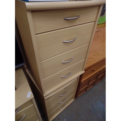 597 - CONTEMPORARY BEECH EFFECT 5 DRAWER CHEST WITH METAL HANDLES AND PAIR OF MATCHING 3 DRAWER BEDSIDES A... 