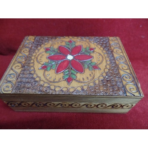 37 - LOVELY WOODEN BOX WITH CONTENTS OF CUFFLINKS, BADGES AND ROTHMAN HELMET ETC