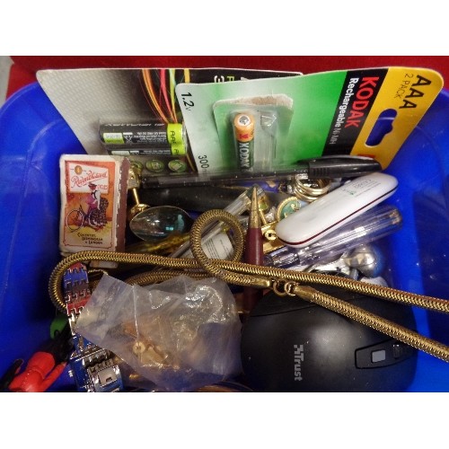 292 - BOX OF MIXED VINTAGE ODDMENTS. INC A SANDRINGHAM BLADE, AA BADGE, COSTUME JEWELLERY ETC