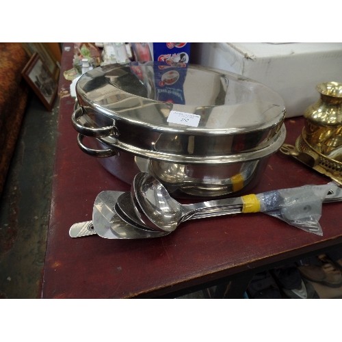 302 - OVAL STAINLESS STEEL ROASTER AND KITCHEN UTENSILS.