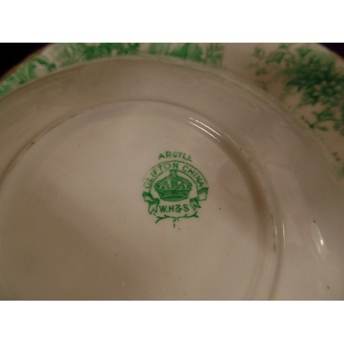 206 - VINTAGE CLIFTON CHINA 'ARGYLE' GREEN, CREAM, GOLD. CUPS AND SAUCERS , SUGAR & MILK,