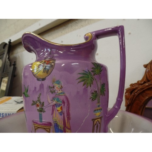 117A - NAPIER LOVEBIRDS VENETIAN PINK LUSTRE WASH BOWL AND JUG, EGYPTIAN STYLE, MADE IN ENGLAND