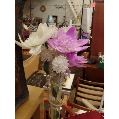 92 - ART DECO STYLE TALL GLASS VASE WITH METAL LEAF DETAILING WITH ARTIFICIAL AND GLASS FLOWERS