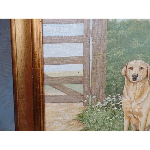 115 - OIL ON CANVAS OF A BLACK AND A GOLDEN LABRADOR NEAR A FIELD GATE, BY LEASINGHAM ARTIST JOHN C MOORE ... 