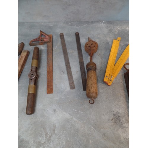 172 - VINTAGE TOOLS ETC INC BOXWOOD FOLDING RULE, SALTER'S SPRING BALANCE, ANTIQUE SOLDERING IRON ETC