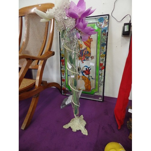 92 - ART DECO STYLE TALL GLASS VASE WITH METAL LEAF DETAILING WITH ARTIFICIAL AND GLASS FLOWERS