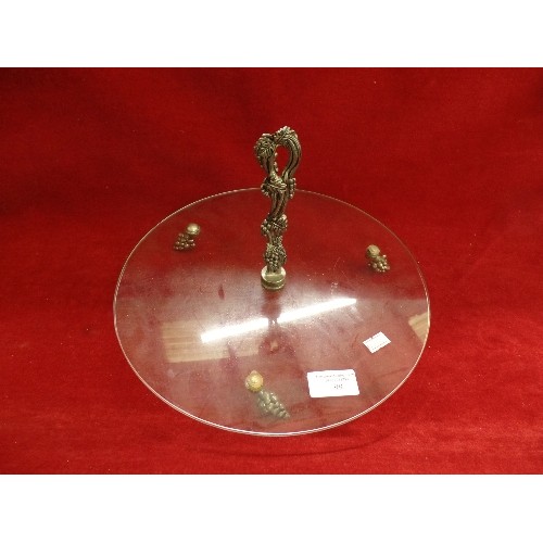 99 - CHEESE PLATTER. GLASS WITH 3 X METAL 'GRAPE BUNCH' FEET. CENTRAL CARRY HANDLE.