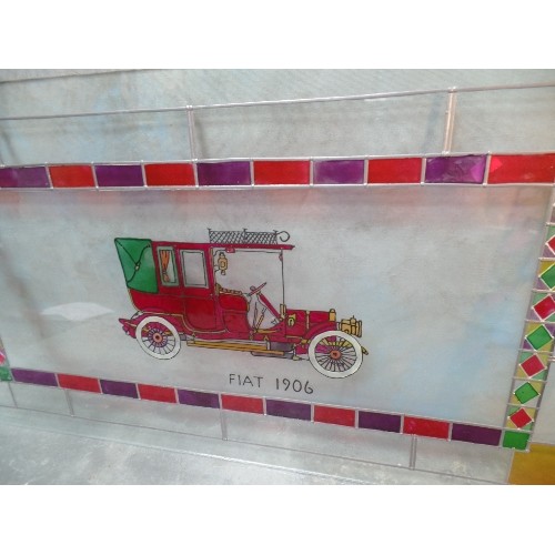 230 - PAINTED ENAMELLED AND LEADED GLASS PANEL DEPICTING A VINTAGE CAR - A 1906 FIAT - UNFRAMED - 79CM X 4... 