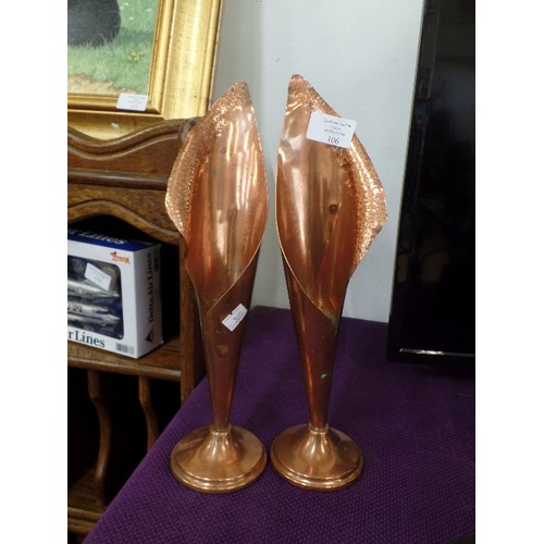 106 - PAIR OF MODERNIST DESIGN COPPER FLUTED VASES. FELT BASES.