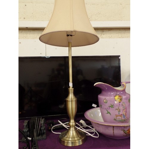 104 - TALL BRUSHED BRASS TABLE LAMP. CREAM SHADE.