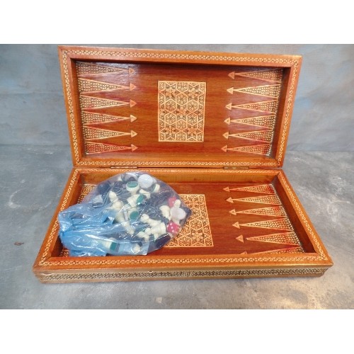 236 - A MIDDLE EASTERN HAND MADE INLAID BACKGAMMON AND CHESS BOARD - ALSO PLASTIC COUNTERS & STAUNTON STYL... 