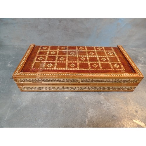 236 - A MIDDLE EASTERN HAND MADE INLAID BACKGAMMON AND CHESS BOARD - ALSO PLASTIC COUNTERS & STAUNTON STYL... 