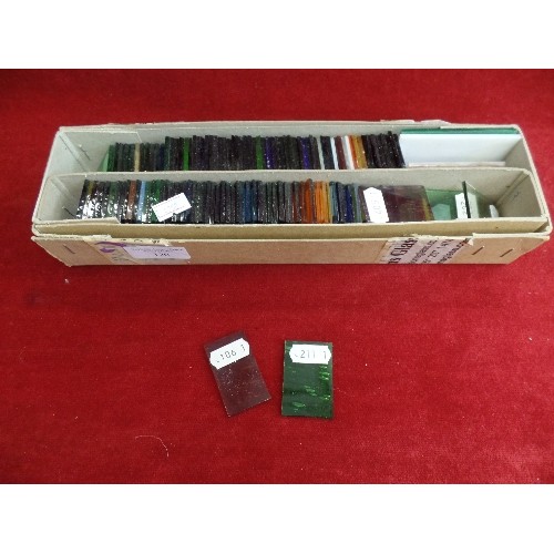 120 - BOX OF GLASS SAMPLES FOR STAINED GLASS/LEADED WORK. FROM PEARSONS GLASS.