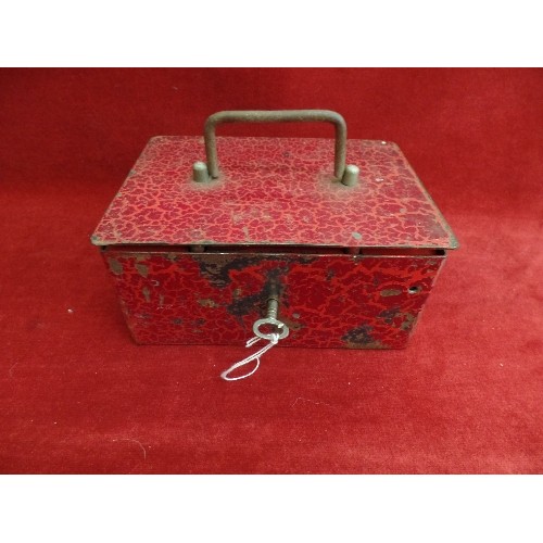 123 - SMALL RED METAL STRONG/CASH TIN WITH KEY. 'MANNINGS FABRIEK VAN. BRANDKASTEN & SLOTEN. BREDA'