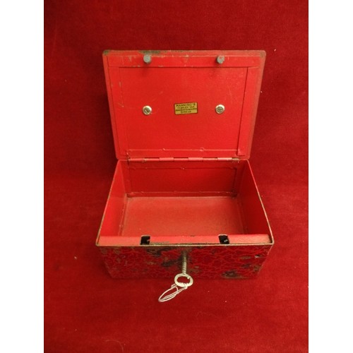 123 - SMALL RED METAL STRONG/CASH TIN WITH KEY. 'MANNINGS FABRIEK VAN. BRANDKASTEN & SLOTEN. BREDA'