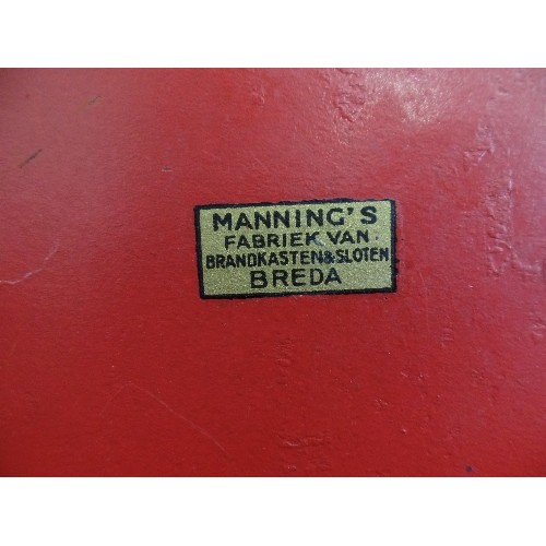 123 - SMALL RED METAL STRONG/CASH TIN WITH KEY. 'MANNINGS FABRIEK VAN. BRANDKASTEN & SLOTEN. BREDA'