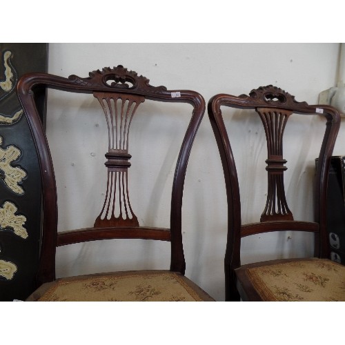 128 - PAIR OF ELEGANT EDWARDIAN MAHOGANY DINING CHAIRS WITH 'TAPESTRY' SEATS. .