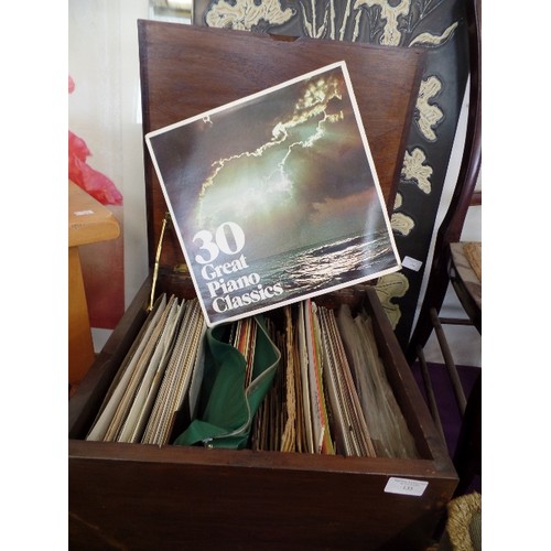 135 - WOODEN LP RECORD BOX, WITH HINGED LID. FULL OF VINTAGE 78'S AND LP RECORDS.