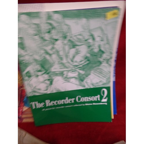 170 - MUSICAL RECORDERS AND RECORDER SHEET MUSIC. IN CARRY BAG.