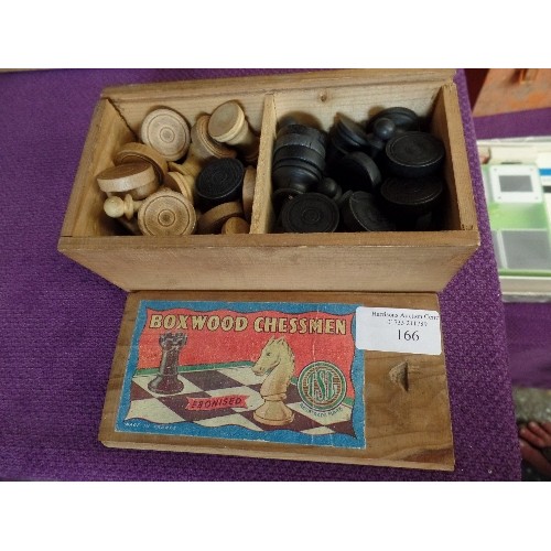 166 - VINTAGE 'BOXWOOD CHESSMEN' SET. EBONIZED. DRAUGHT AND CHESS PIECES. ORIGINAL WOODEN BOX WITH SLIDE L... 