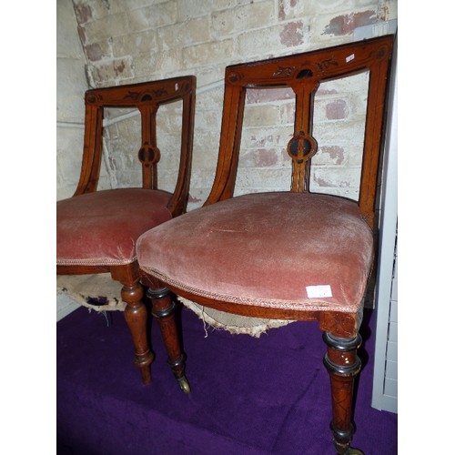 171 - PAIR OF VINTAGE DINING CHAIRS. CARVED BACKS. 1 HAS BRASS CASTORS. BOTH HAVE DUSKY PINK PADDED VELVET... 