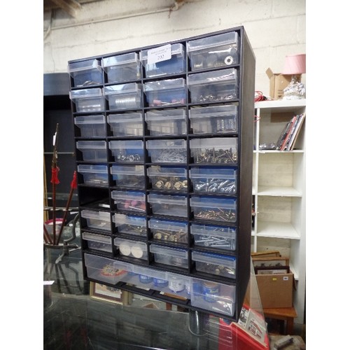 202 - SMALL 32 DRAWER HOBBY CHEST. WITH CONTENTS, NAILS, TACKS, ENAMEL PAINT, PICTURE HOOKS ETC.