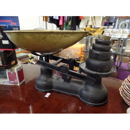 210 - VINTAGE SALTER KITCHEN SCALES. 'THE STAFFORDSHIRE' WITH BRASS SCOOP AND SET OF WEIGHTS.