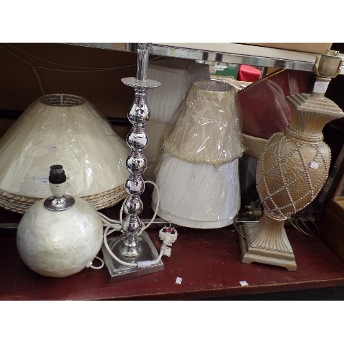 227 - LIGHTING. 3 X LAMP BASES, ALL VERY DIFFERENT STYLE. ALSO 15 NEW/PACKAGED LAMP SHADES.