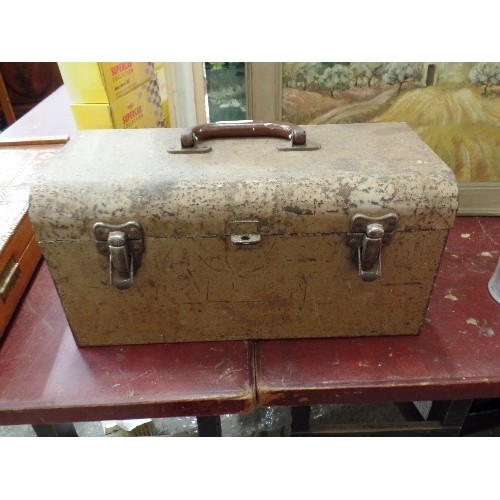 235 - SMALL VINTAGE METAL CANTILEVER TOOLBOX, FULL OF TOOLS, SPANNERS ETC.