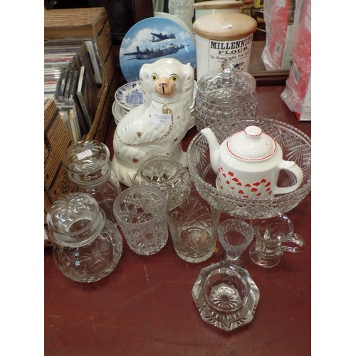 241 - MIXED VINTAGE CHINA AND GLASSWARE. INCLUDES A STAFFORDSHIRE DOG, A ROYAL DOULTON LIMITED EDITION PLA... 