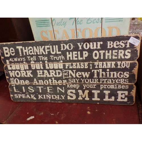 244 - 2 WOODEN WALL SIGNS 'SEAFOOD' AND 'BE THANKFUL-DO YOUR BEST' ALSO A CARDBOARD SANATOGEN SIGN WITH VE... 