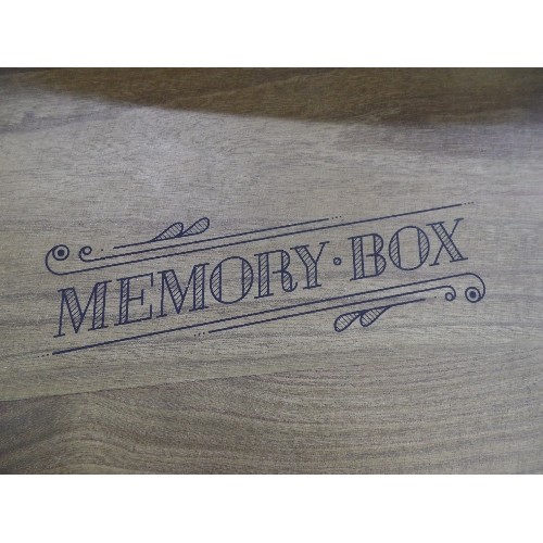 247 - WOODEN MEMORY BOX. UNUSED OTHER THAN A GENTS TIMEX WATCH IN 1 OF THE COMPARTMENTS.