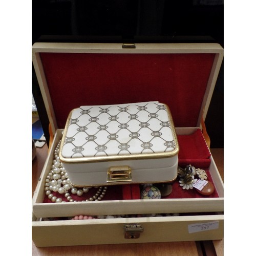 257 - 2 TIER AND A SMALLER JEWELLERY BOX, CONTAINING COSTUME JEWELLERY, CLIP-ON EARRINGS ETC.