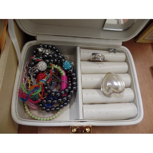 257 - 2 TIER AND A SMALLER JEWELLERY BOX, CONTAINING COSTUME JEWELLERY, CLIP-ON EARRINGS ETC.